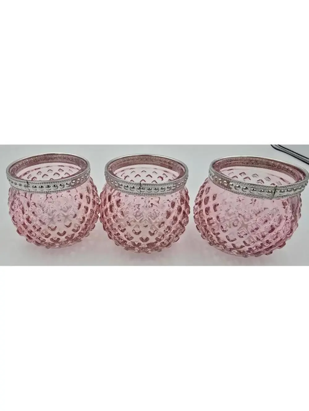 Set of 3 Pink Hobnail Glass Jars/Candle Holders w/Silver Bands